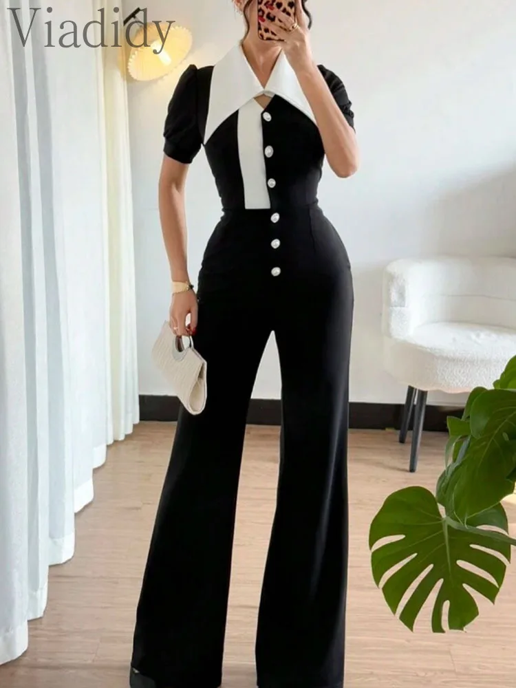 Women'S Formal Jumpsuit Evening Wear - Jumpsuit Wanita Elegan Warna-Blok Kerah Lapel