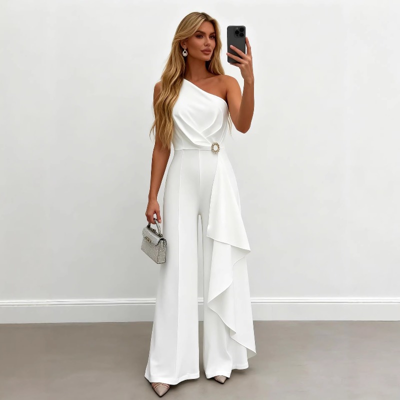 Women'S Formal Jumpsuit Evening Wear - Jumpsuit Wanita Elegan Putih Satu Bahu