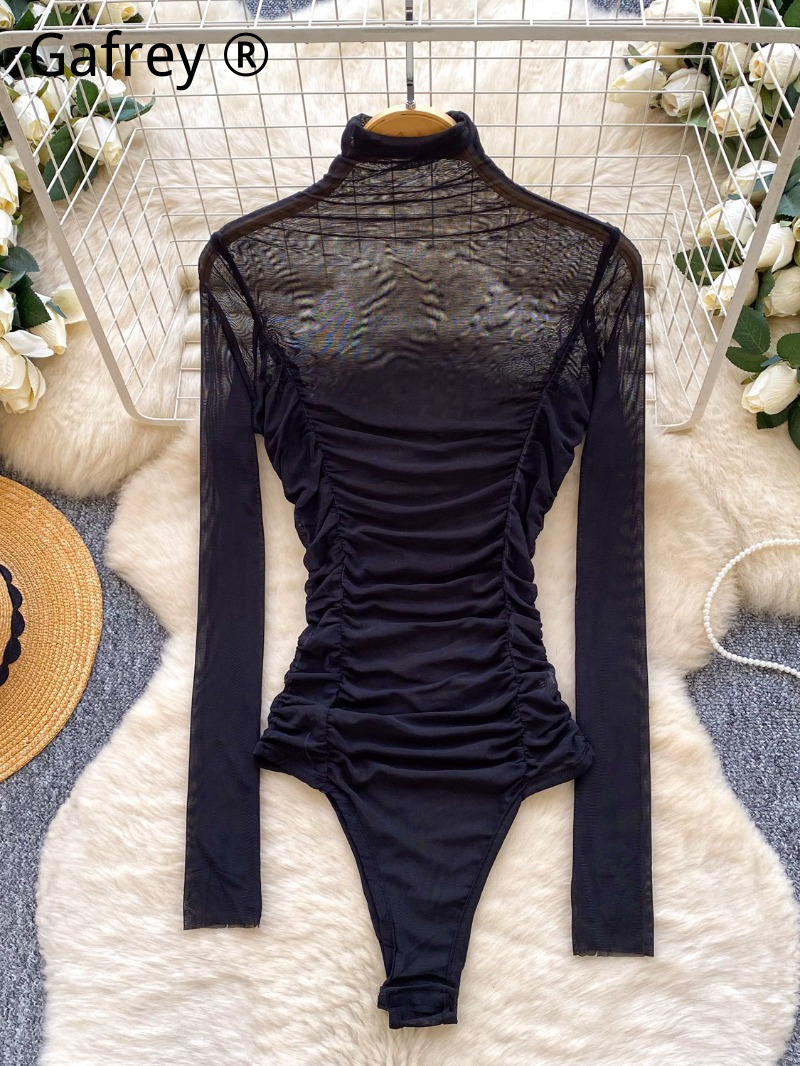 Turtleneck Bodysuit Office - Bodysuit Jaring Abu-abu Seksi Wanita 2026