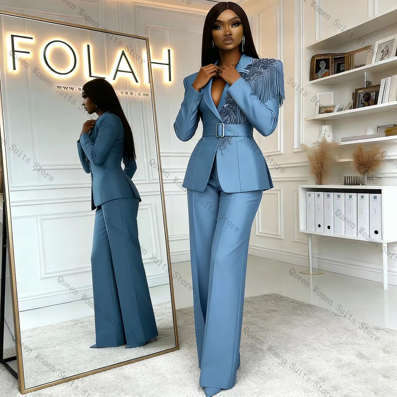 Women Formal Wear Trousers - Setelan Celana Wanita Biru Rumbai 2