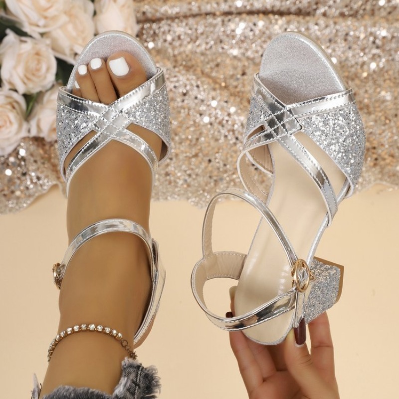 Women Formal Wear For Wedding - Sandal Wanita Hak Tinggi Emas Berkilau