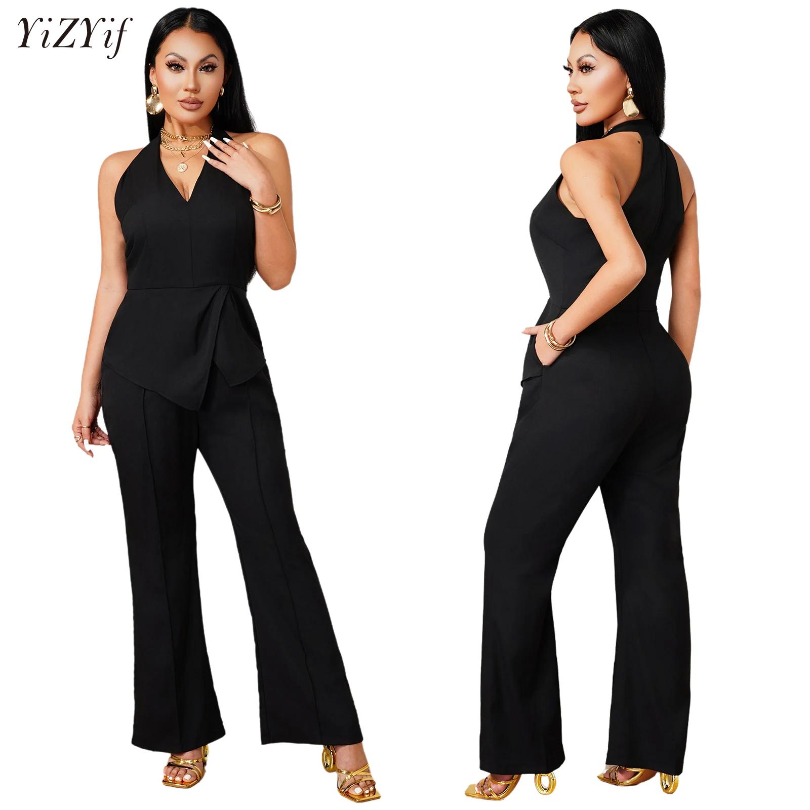Women'S Formal Jumpsuit Evening Wear - Jumpsuit Tanpa Lengan Berkerah V dengan