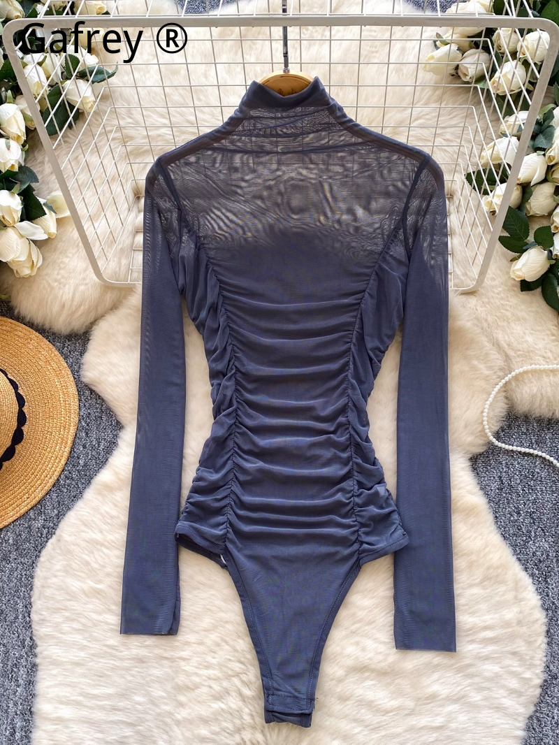 Bodysuit Jaring Abu-abu Seksi  - Turtleneck Bodysuit Office ulasan dan harga